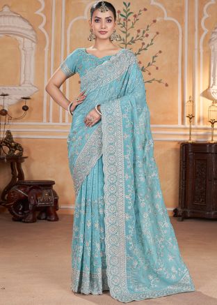 Blue Embroidered Crape Saree