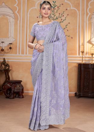 Lavender Thread Work Crape Saree