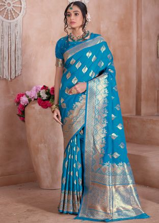 Blue Zari Woven Saree In Art Silk