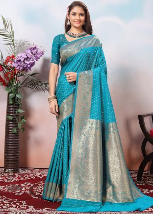 Blue Zari Woven Saree In Art Silk