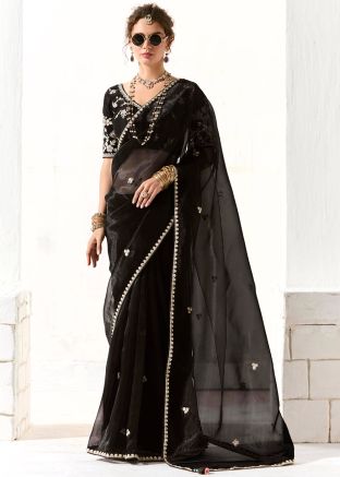 Black Embroidered Border Saree In Organza