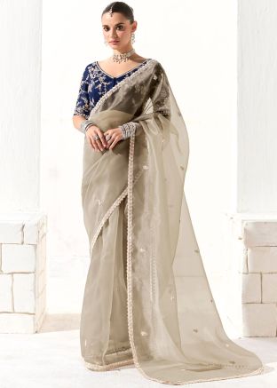 Grey Scalloped Border Organza Saree