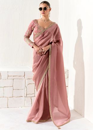 Dusty Pink Organza Embroidered Saree