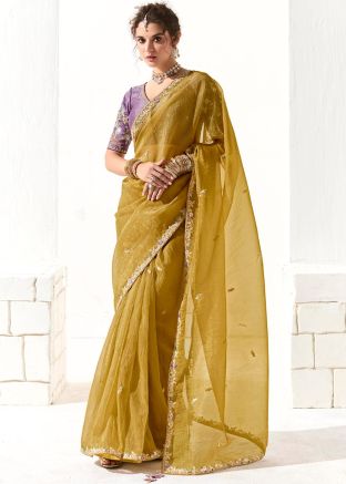 Yellow Embroidered Saree In Organza