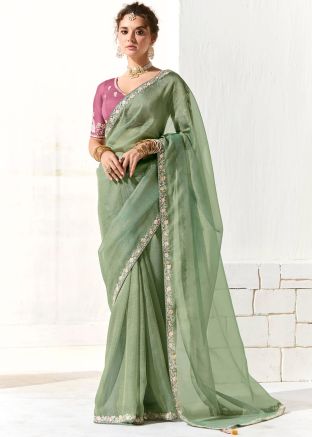 Sage Green Embroidered Organza Saree