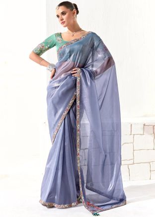Powder Blue Embroidered Saree & Blouse