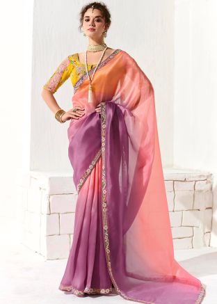 Shaded Peach & Purple Embroidered Saree