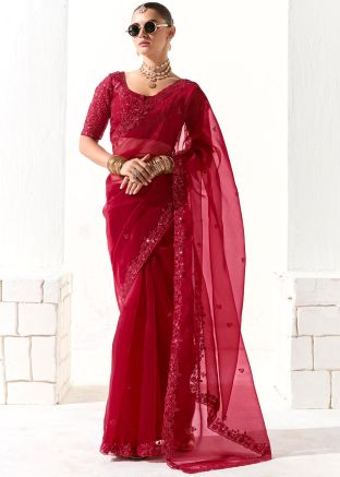 Maroon Embroidered Saree In Blouse