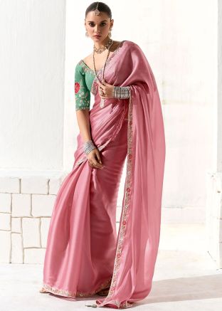 Pink Embroidered Saree With Blouse
