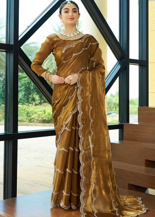 Yellow Stone Work Saree In Organza