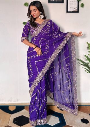 Blue Embroidered Saree In Organza