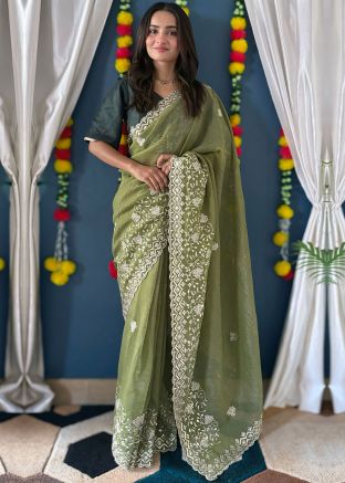 Green Embroidered Art Silk Saree