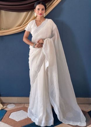 White Stone Work Saree In Art Silk