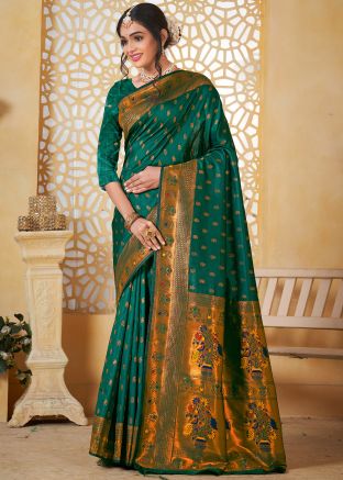 Teal Green Woven Saree In Paithani Silk