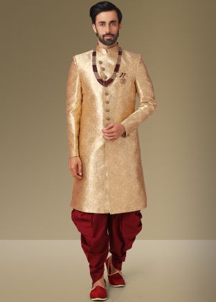 Readymade Golden Woven Sherwani With Dhoti