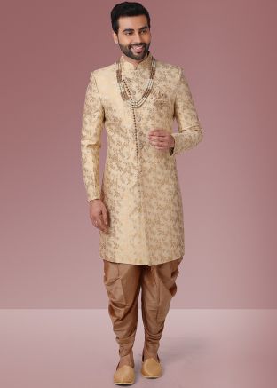Golden Woven Sherwani With Dhoti Pant
