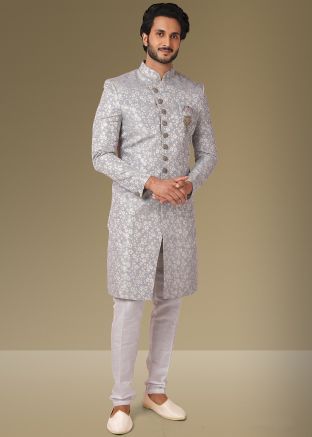 Grey Woven Indow Western Sherwani For Men