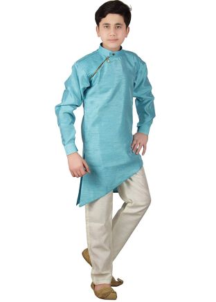 Readymade Turquoise Asymmetric Kids Kurta With Pant