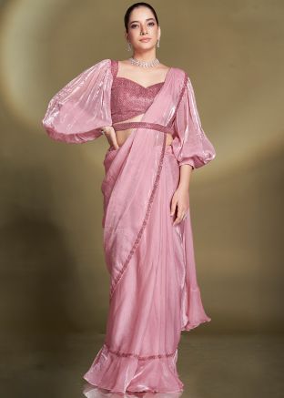 Pink Pre-Stitched Ruffled Embellished Saree