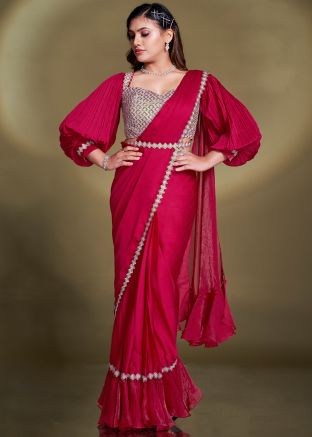 Rani Pink Embellished Pre-Stitched Saree