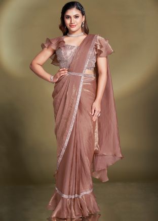 Brown Embellished Pre-Stitched Saree