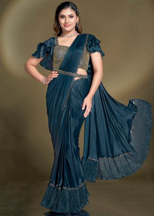 Pre-Stitched Teal Blue Embellished Saree