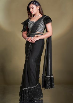 Pre-Stitched Black Embellished Saree