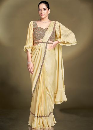 Pre-Stitched Yellow Embellished Saree & Blouse