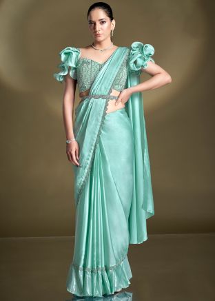 Pre-Stitched Turquoise Embellished Saree & Blouse