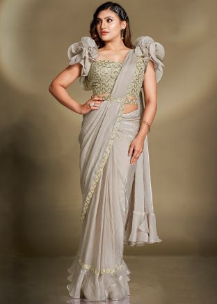 Pre-Stitched Grey Embellished Saree & Blouse
