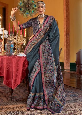 Dark Grey Art Silk Printed Saree