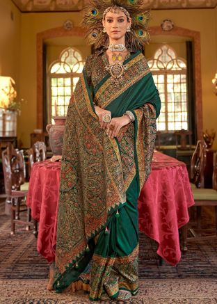 Bottle Green Printed Saree In Art Silk