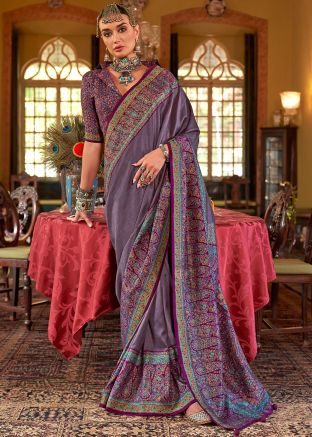 Mauve Purple Printed Saree & Blouse