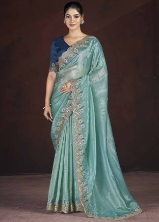 Sky Blue Embroidered Tissue Saree & Blouse
