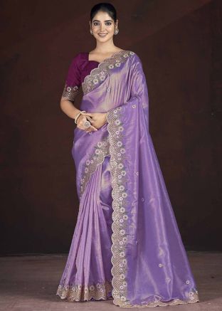 Lavender Tissue Embroidered Saree With Blouse