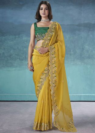 Yellow Embroidered Saree In Tissue