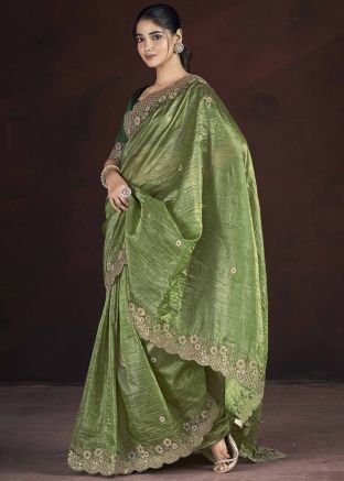 Light Green Embroidered Tissue Saree & Blouse