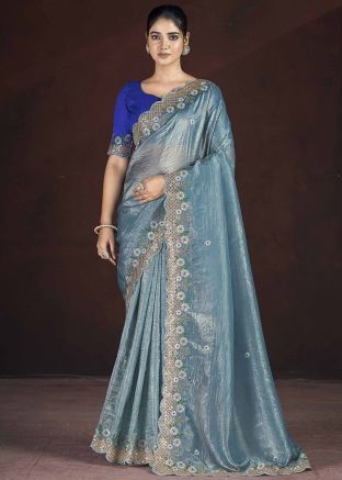 Blue Tissue Silk Embroidered Saree