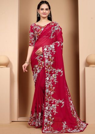 Pink Embroidered Saree In Art Silk