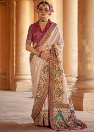 Cream Printed Saree In Art Silk