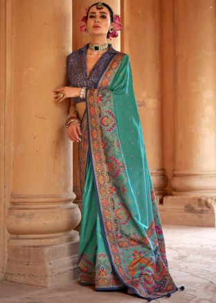 Turquoise Printed Saree & Blouse