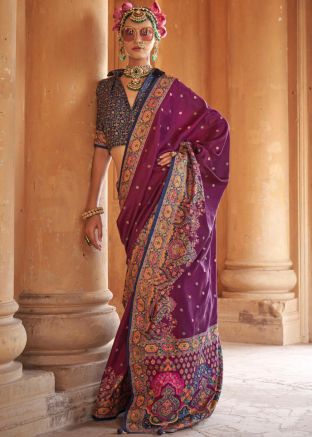 Purple Printed Saree & Blouse