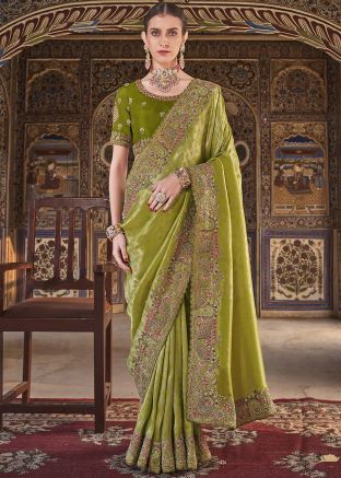 Green Embroidered Saree In Silk