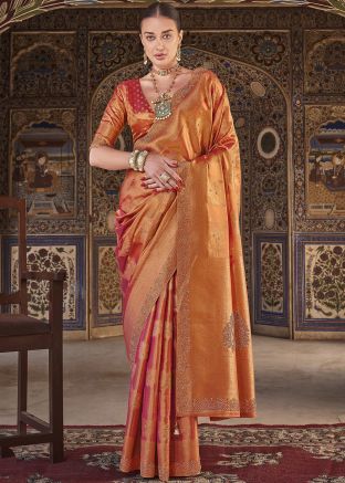 Orange Stone Work Saree In Silk