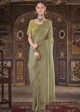 Green Satin Saree In Stone Work