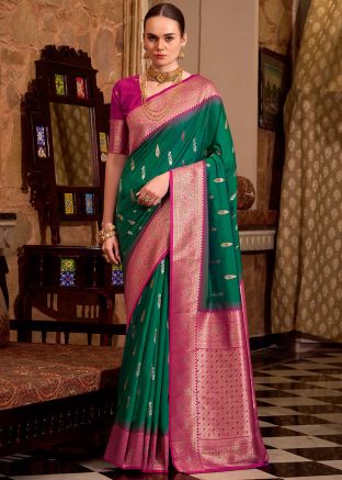 Dark Green Zari Woven Silk Saree