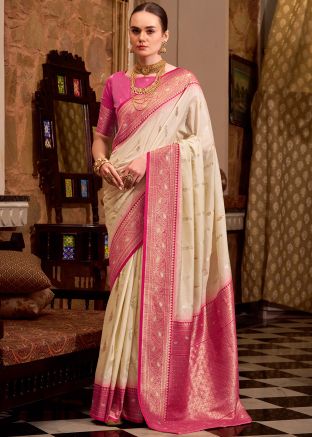 Cream Silk Zari Woven Saree & Blouse