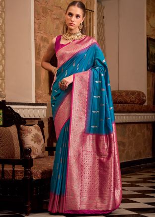 Blue Zari Woven Saree & Blouse
