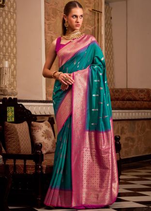 Blue Silk Zari Woven Saree & Blouse