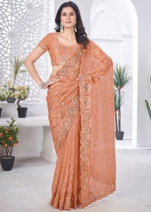 Orange Net Embellished Saree & Blouse